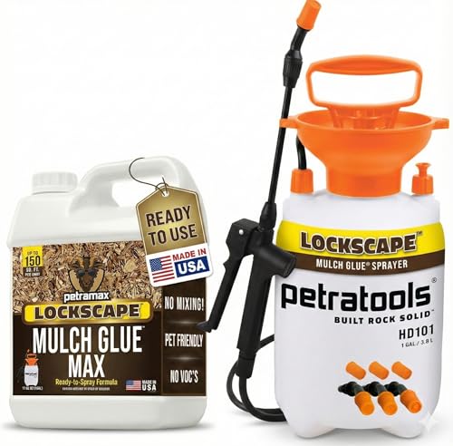 PetraMax Lockscape Mulch Glue for Landscaping with Sprayer 1 Gallon (Made in USA) - 100% Permeable Ready to Spray Landscape Adhesive for Pine Straw Wood Chips - Pet-Safe Landscape Mulch Glue Spray