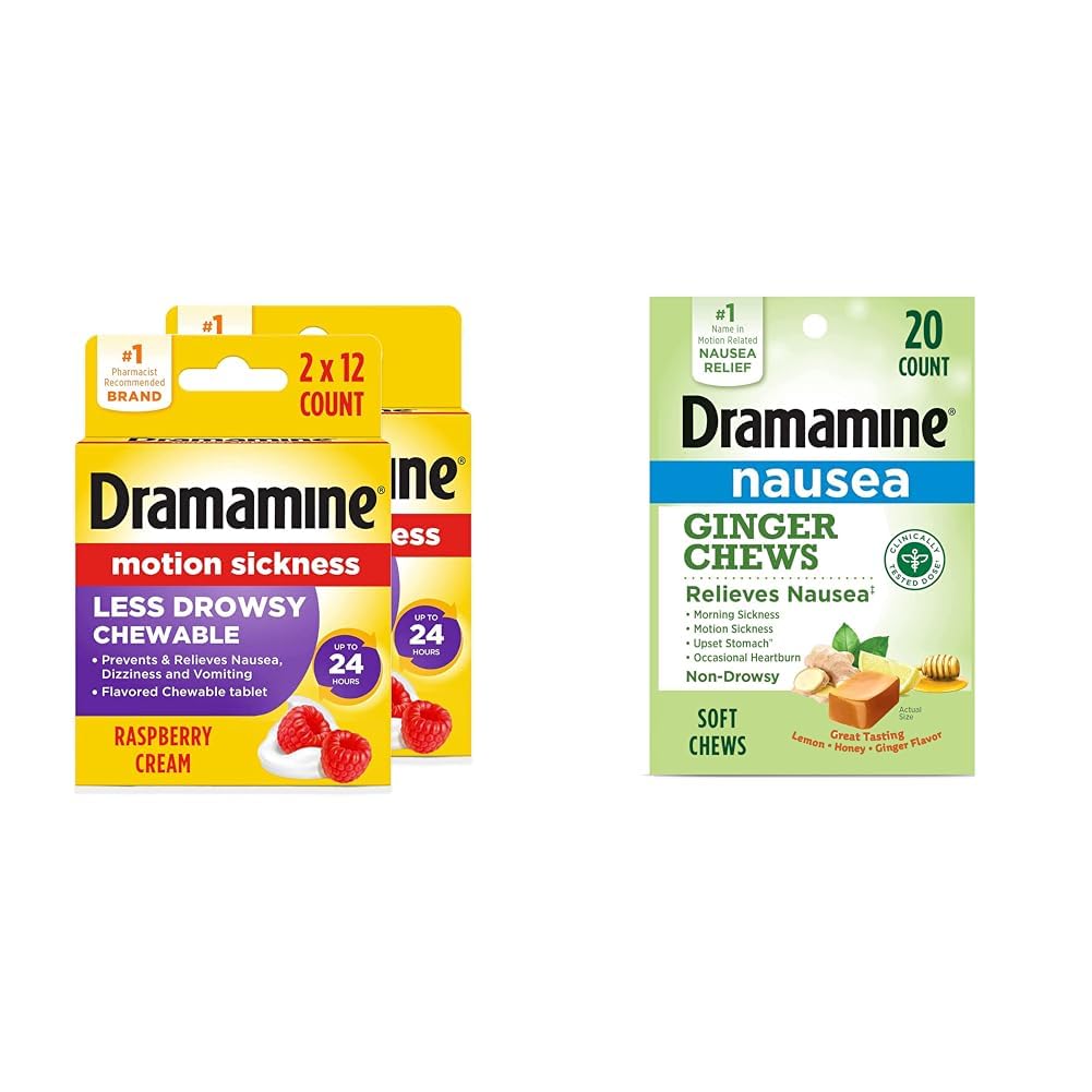 Dramamine Motion Sickness Less Drowsy Raspberry Cream Chewable Tablets 12 Count 2 Pack and Nausea Relief Ginger Chews Lemon-Honey-Ginger 20 Count