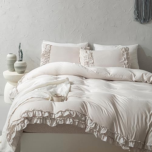 Herside Beige Grey Duvet Cover Set King Ruffle Bedding Chic 2-Layers Cute Ruffled Design Boho Farmhouse Bedding Sets 1 Duvet Cover 2 Pillowcases (Beige - Image 4
