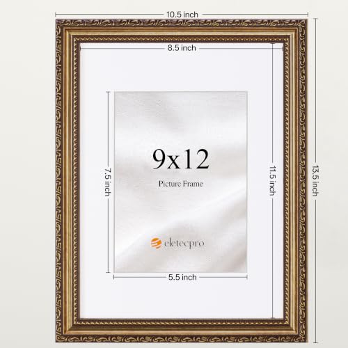 Image of eletecpro 9x12 Vintage Picture Frame, Glass Cover, Bronze Gold, 2-Pack | Display Photo 6x8 with Mat or 9x12 without, Horizontal or Vertical, Tabletop or Wall Decor