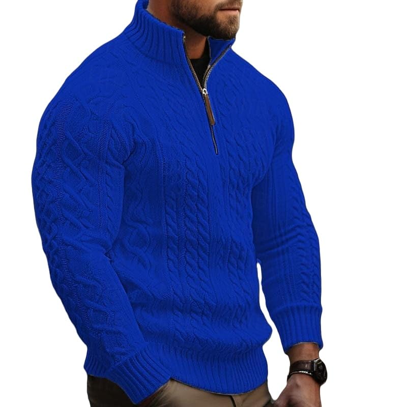 Men's Winter Cable Zipper Turtleneck Jacquard Pullover Sweater, Quarter Zip Cable Knit Sweater, Fashionable and Slim fit