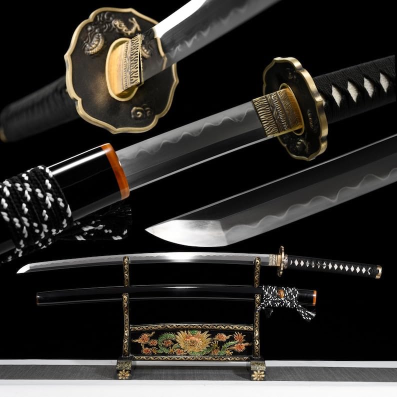 T8 High Carbon Steel Clay Tempered with Hamon Handmade Black Katana Real Japanese Samurai Sword Full Tang