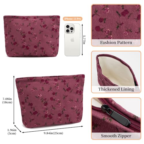 WOZEAH Floral Corduroy Makeup Bag for Purse Small Cosmetic Pouch,Stylish Zipper Make up Pouch Travel Canvas Toiletry Bags(Pink Rose)3