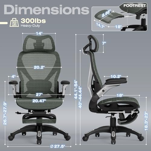 ELABEST X100 Ergonomic Office Chair with Footrest, Big and Tall Home Desk Chair with 5D Flip-Up Arms, Adjustable 3D Lumbar Support,High Back Rolling Computer Chair, Swivel Mesh Chairs (Forest Ranger)