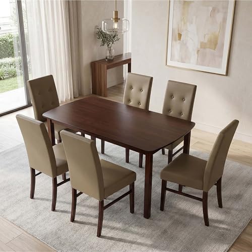 Image of Royaloak Elite Wooden Dining Table 6 Seater Set, Solid Wood Legs, Wooden Veneer Table Top, Leatherette Upholstered Chairs with Comfortable Back Support, Modern Contemporary Design