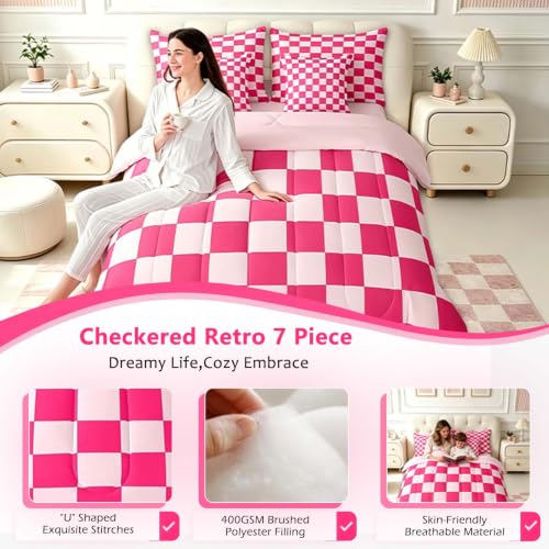 Image of Feelyou Checkered 7 Piece Bedding Set Teen Women Boho Modern Cute Aesthetic Decorative Girly Comforter Set with Sheets Full Size Kids Boys Geometric Chic Bed in a Bag Pink White Plaid Room Decor