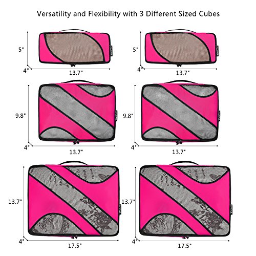 BAGAIL 6 Set Packing Cubes,3 Various Sizes Travel Luggage Packing Organizers Fushcia