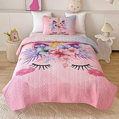 2-Piece Pink Unicorn Quilt Set for Girls Twin Size Kids Comforter Bedding Set Stars Flowers Reversible Quilted Bedspread Coverlet Lightweight Bed Sheet Set Cover Throw Blanket with Pillow Sham