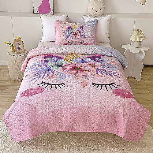 2-Piece Pink Unicorn Quilt Set For Girls Twin Size Kids Comforter Bedding Set Stars Flowers Reversible Quilted Bedspread Coverlet Lightweight Bed Sheet Set Cover Throw Blanket With Pillow Sham #TOP5
