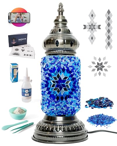 KRAFTSTORIES DIY Turkish Mosaic Lamp Kit – Create Your Own Colorful Glass Table Lamp | Handmade Arts & Crafts Kit for Adults | Moroccan Boho Unique Gift Idea, Includes All Materials (Blue)
