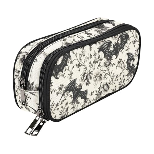 Image of ANANGTEE Bat Flowers Pencil Pouch Case for Teen Girls Boys Goth 10 | Large Capacity School Stationery Accessory Pen Box 3 Zippers, Office Organizers Soft Travel Toiletry