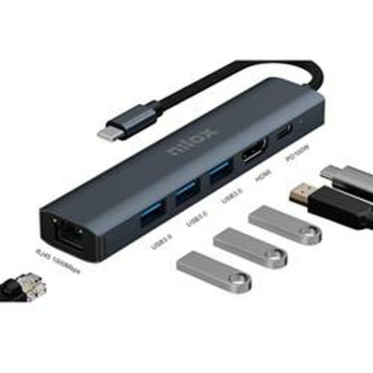 Nilox NXDSUSBC06 Docking Station USB-C 6 Porte, Hub Usb 3.0 Alimentato Con Hdmi 4K, Ethernet Gigabit, Multi Usb, Presa Usb Multipla, Involucro In Alluminio - 4