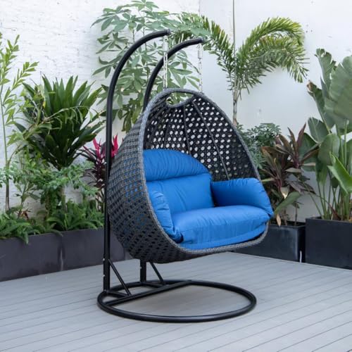 Image of Double Seater Hammock Swing Chair with Stand & Cushion | Heavy Duty Powder Coated Steel Frame | Outdoor Indoor Hanging Swing for Patio Balcony Garden Terrace Living Room (Grey-Sky.Blue)