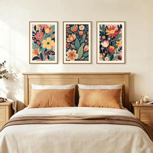Image of KAIRNE Vintage Colorful Floral Framed Canvas Wall Art Set,Mid Century Modern Flower Wall Decor,Retro Wildflower Art Prints,Boho Botanical Artwork for Living Room,Bedroom,Farmhouse,Office-16 x24 x3