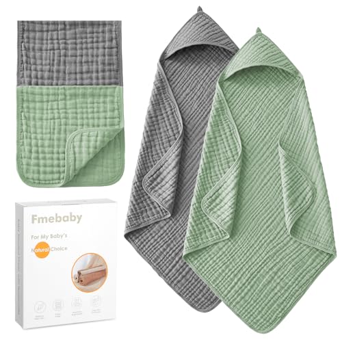 Image of Fmebaby Hooded Baby Towels for Newborn, 2 Pack 36x36 Inch Muslin Cotton Baby Bath Towel and 12x12 Inch Washcloth Set with Hood for Babies, Toddler and Kids, Essentials Must Haves (Grey and Green)