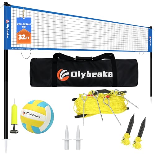 32ft Regulation Size Portable Outdoor Volleyball Net Set System for Backyard Beach with Height Adjustable Poles, PU Volleyball and Pump, Carry Bag, Boundary Line - Easy Set Up & Anti-Sagging (Blue)