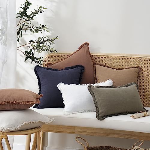 Image of Foindtower Set of 2 Decorative Linen Fringe Lumbar Throw Pillow Covers Boho Farmhouse Cushion Cover with Tassels Soft Cozy Accent Pillowcase for Chair Sofa Couch Living Room Home Decor,12x20 Inch,Rust