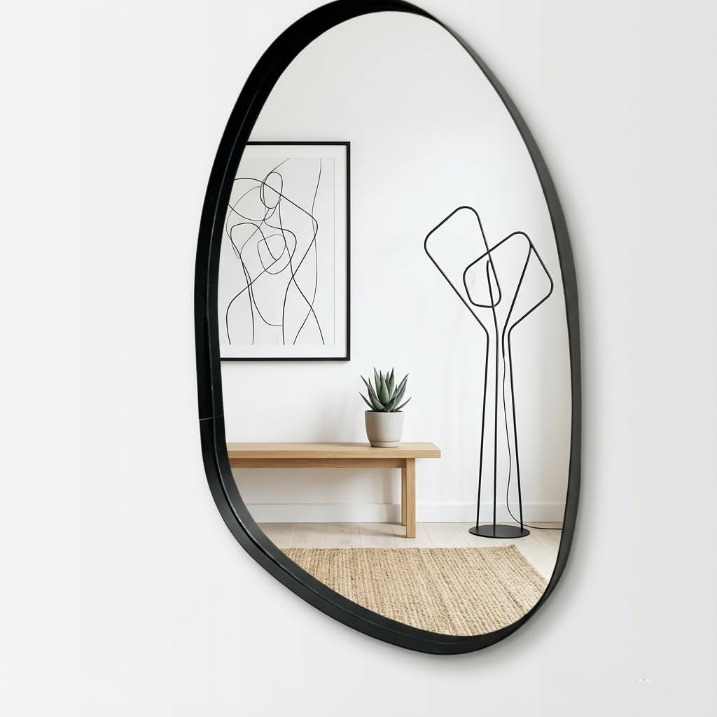 LIAMRA 70cm Large Pebble Mirror - Industrial Style Metal Frame Art Deco Wall Mirror