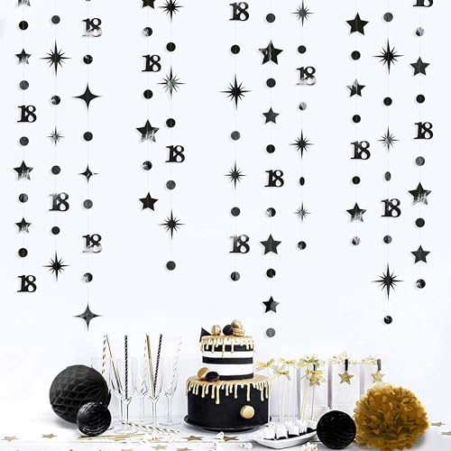 Image of Black 18th Birthday Decorations Number 18 Circle Dot Twinkle Star Garland Metallic Streamer Banner Backdrop for Girls Boys Happy 18th Birthday Time to Adult Cheers to 18 Years Old Anniversary Party