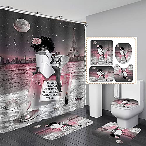 OLEBETY 4PCS Sexy Black Girl Shower Curtain Set, Inspirational Quotes African American Woman Full Moon Starry Sky Eiffel Tower Beach Perfume Fashion Bathroom Decor, Non-Slip Bath Mat, Be Who You are OLEBETY 4PCS Sexy Black Girl Shower Curtain Set, Inspirational Quotes African American Woman Full Moon Starry Sky Eiffel Tower Beach Perfume Fashion Bathroom Decor, Non-Slip Bath Mat, Be Who You are