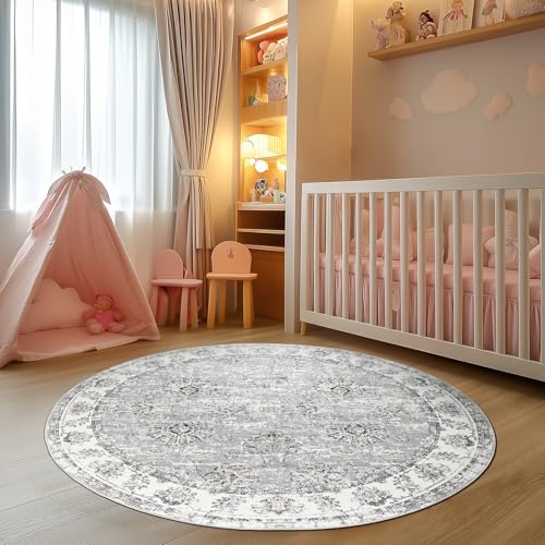 Tapete redondo floral vintage 5 pies gris miniatura 3
