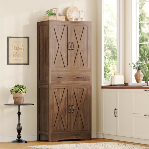 Image of TEENFON Tall Storage Cabinet with 2 Adjustable Shelves & 1 Large Drawer, Kitchen Pantry Cabinet with 4 Doors, Bathroom Storage Cabinets, for Living Room, Kitchen, Bathroom, Walnut