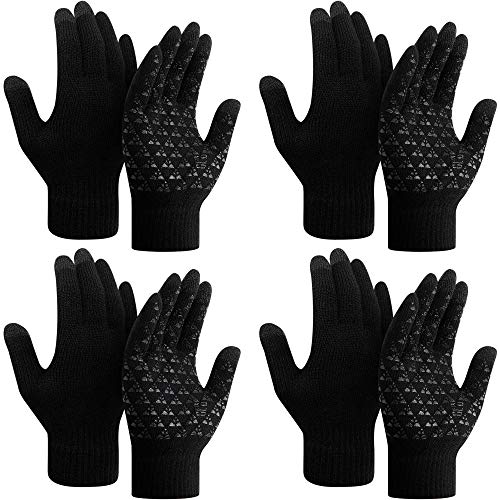 4 Pairs Winter Knit Gloves Knit Touchscreen Warm Gloves Anti-slip Stretchy Gloves for Men and Women (Black, M)