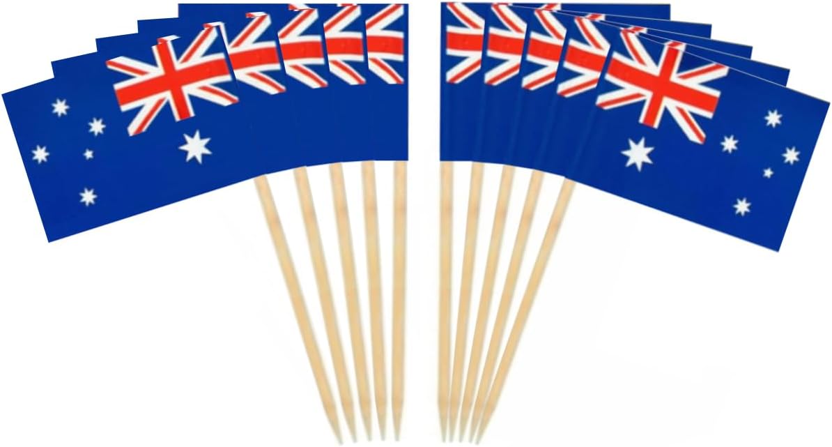 JAVD CYPS 100 Pcs Australia Flag Australian Toothpick Flags, Small Mini Stick Cupcake Toppers Australian Flags,Country Picks Party Decoration Celebration Cocktail Food Bar Cake Flags