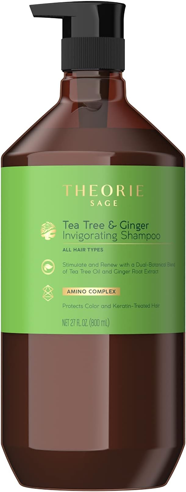 Theorie Tea Tree and Ginger Invigorating Shampoo | Stimulate & Renew with Natural Shine | Suited for All Hair Types - Protects Color and Keratin Treated Hair, Pump Bottle - 800mL