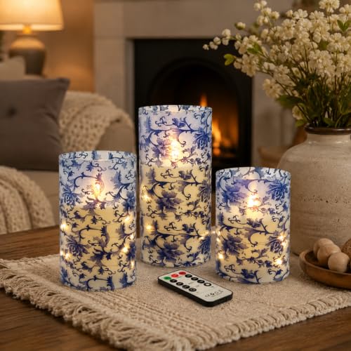 Image of Blue and White Flameless Pillar Candles, 3 Pack, Remote Timer