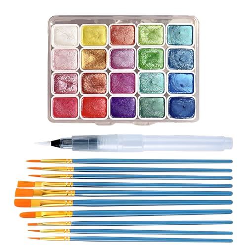 aieieii 20 Colors Watercolour Paint Set Pearlescent Water Colour Paints Sets Glitter Paint Box with 11pcs Paintbrushes Solid Watercolor Set Gift Suitable for Artists and Painting Enthusiasts