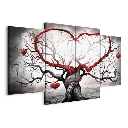 B&D XXL - Wandbilder XXL Liebe 160x80 cm Vlies Leinwandbild 4 Teilig Kunstdruck modern Wandbilder XXL Wanddekoration Design Wand Bild - Love Baum grau...