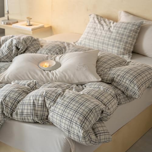 Image of VM VOUGEMARKET Gray Gingham Duvet Cover Queen,Soft Jersey Knit Cotton Duvet Cover Matching 2 Pillow Shams,3 Pieces Grey White Bedding Set Without Comforter-90 x90
