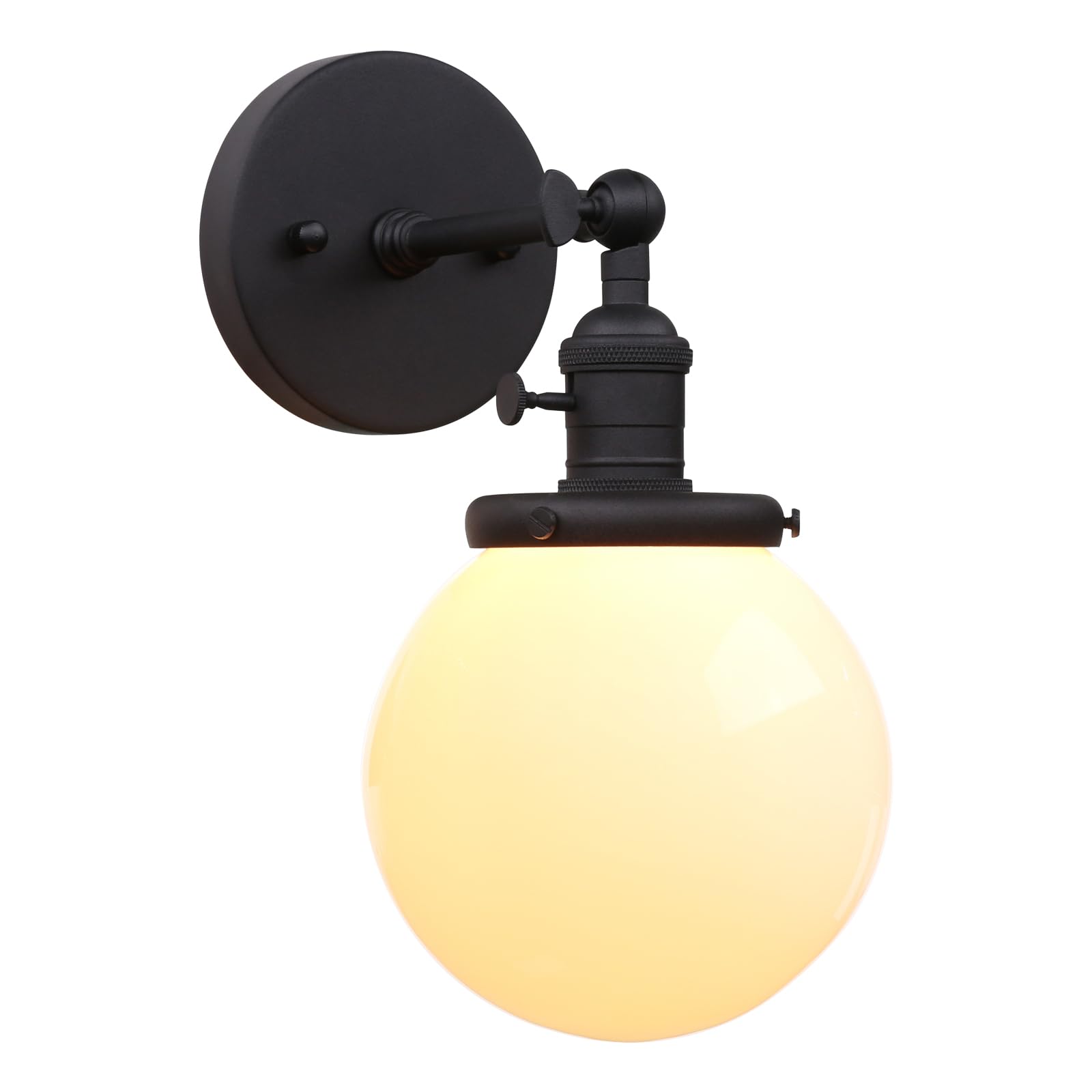 PERMO Vintage Industrial Wall Sconce Lighting Fixture with 5.9" Round Globe Milk White Glass Hand Blown Shade (Matte Black)