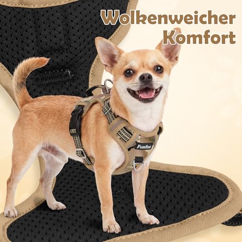 Funfox Hundegeschirr Mittelgroße Hunde [L] - Verstellbares Anti-Zug Brustgeschirr mit Griff & Reflektorstreifen, Atmungsaktives No Pull Hundegeschirr für Grosse/Kleine Hunde Outdoor Tarnbraun