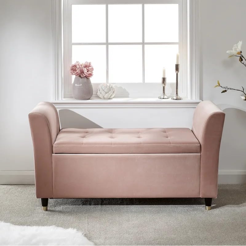 Image of Velvet Upholstered Storage Bench with Arms for Bedroom & Living Room | Tufted 2 Seater End of Bed Ottoman Bench with Hidden Storage | Modern Entryway Seating Sofa Bench with Armrest, Blush Pink