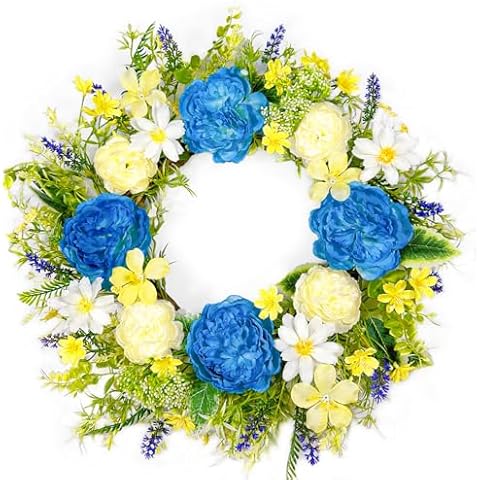 Lotus Hills Spring Wreaths for Front Door, 22 Inch Blooming Artificial Flowers Front Door Wreath, Spring Summer WreathOutside, Floral Peony Door Wreaths with Greenery Leaves Cover