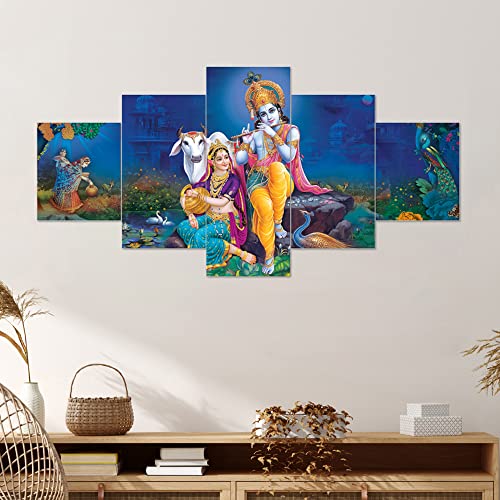 Image of Clasiko Set Of 5 Pcs 3D Wall Painting With Frame; 17x30 Inches; Radha Krishna With Cow