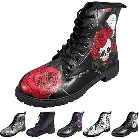YAOJIWANG Halloween Cool Skull Womens Combat Boots Retro Ankle Classic Round Toe Lace Up Chunky Low Heel Booties Casual Comfy Outdoor Non-Slip Leather Shoes Gifts for Her, Teenager Girls Red, 5.5 UK Cover