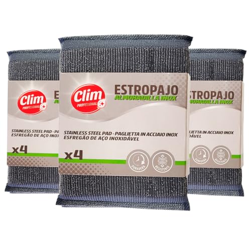 Clim Profesional -12 Estropajos Almohadilla de Acero Inoxidable. Resistente y Eficaz para Limpiezas Difíciles y Suciedad Requemada en Cocinas y Utensilios