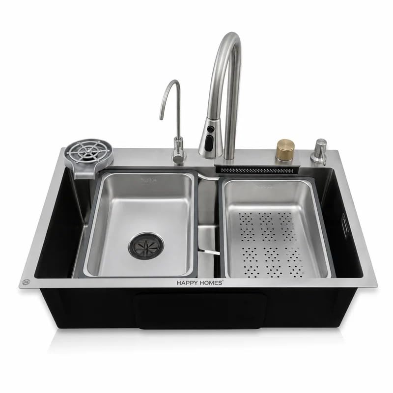 Image of HAPPY HOMES 304 Stainless Steel Kitchen Sink with Integrated Waterfall and Pull-down Faucet Set (30x18x9 inch, Nano Coating HEAVY