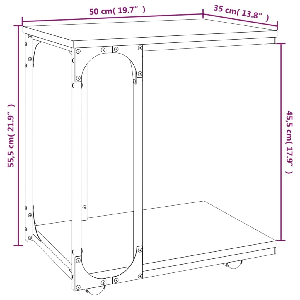 Mesa auxiliar con ruedas de roble Sonoma, 50 x 35 x 55,5 cm, mesa de centro en forma de C con estante y estante para salón, dormitorio, pasillo, balcón, sofá, cama, decoración, lámpara