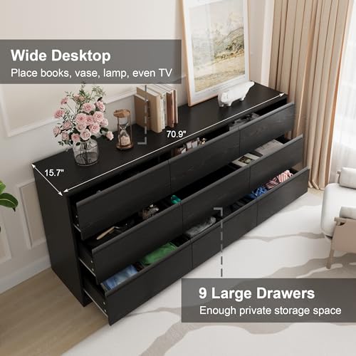 Image of Bobve 70.9 inch Dresser for Bedroom with 9 Drawers, Large Modern Chest of Drawers with Deep Drawers, Wide Double Dresser Handle Free, Storage Organizer for Bedroom, Living Room, Hallway (Black)