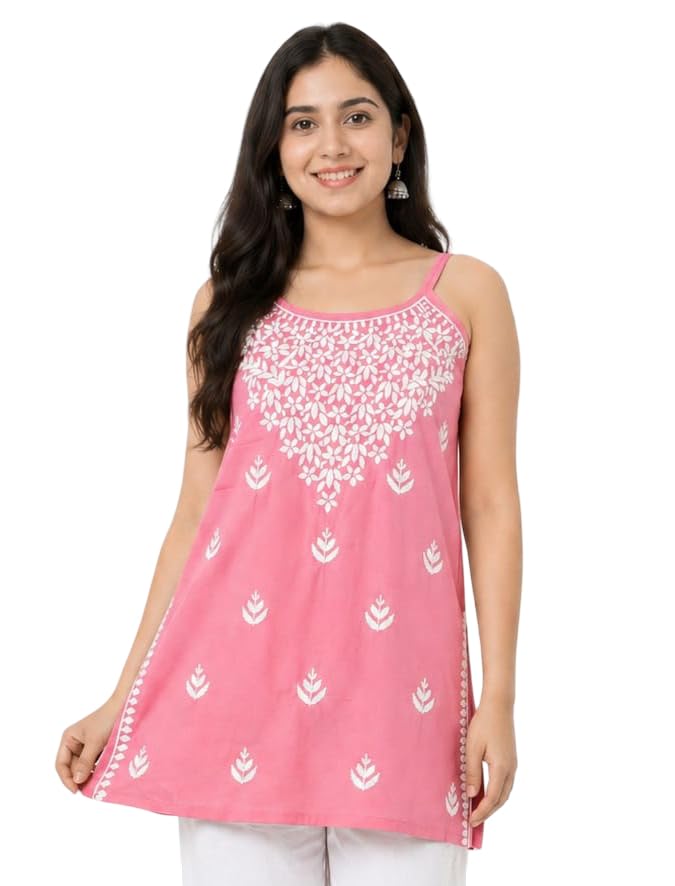 Image of Women's Chikankari Rayon Top Sleeveless Strappy Kurti | Embroidered A-Line Tunic for Women | Summer Ethnic Casual Wear Top with Spaghetti Straps