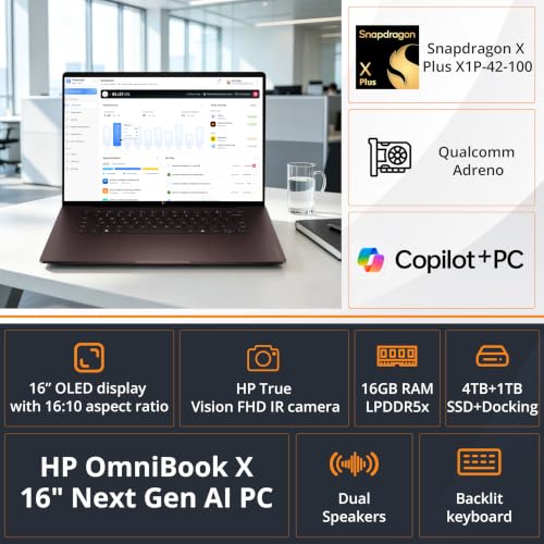 Image of HP OmniBook X 16 inch 2K OLED Touch Laptop, Snapdragon X Plus X1P-42-100, 16GB RAM, 5TB Storage (4TB SSD+1TB Docking Station), Adreno Graphics, Copilot+ PC, Backlit, Win 11 Home, Deep Espresso