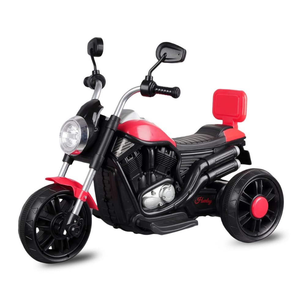 3 Wheel Harley Design Rechargeable Ride-On Electric Bike for Kids (1–4 Years), Foot Accelerator & Music – Red