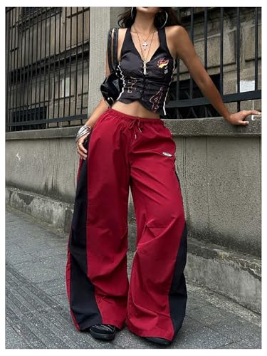 Women's Y2K Baggy Pants Wide Leg Parachute Track Pants Elastic Waist Striped Color Block Sweatpants with Pocket4