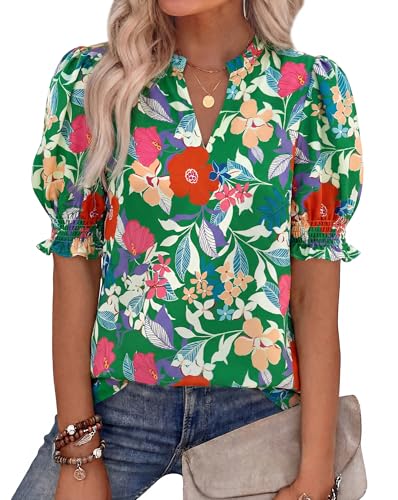 BTFBM Summer Blouses for Women Dressy Casual 2026 Fashion Spring Tops Floral Boho V Neck Puff Short...