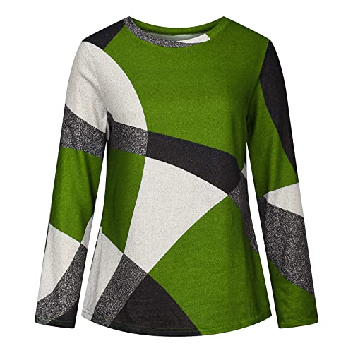 Kuluzego Womens Crew Neck Flannel T Shirts Tops Tee for Women Color Block Geometry Winter Fall Tee Shirt 2023 DX4