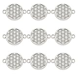 ONDEGO® 10 Stück Lebensblume Schmuckverbinder, 2 cm, Antik Silber, mit optionaler Nylonschnur und Bedeutungskarte mit Umschlag (10 Stk Lebensblume Verbinder)